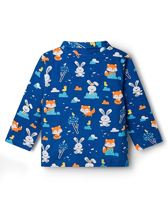 Babyhug Cotton Knit Full Sleeves Shirt & Pyjama Co-ord Night Suit with Animal Print - Navy Blue