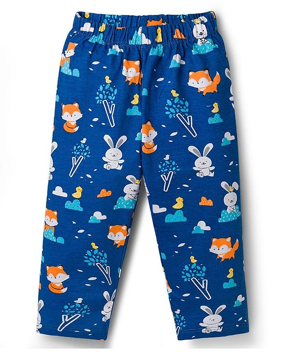 Babyhug Cotton Knit Full Sleeves Shirt & Pyjama Co-ord Night Suit with Animal Print - Navy Blue
