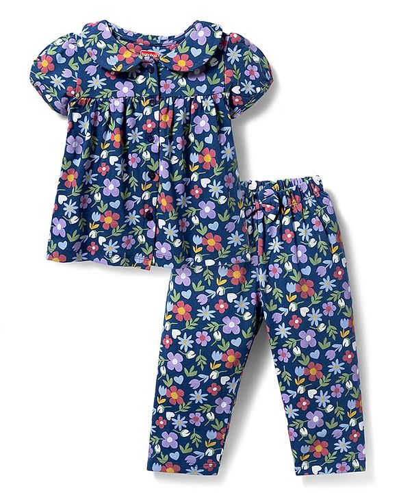 Babyhug Cotton Knit Half Sleeves Floral Printed Co-Ord Top & Pyjama Night Suit - Navy Blue
