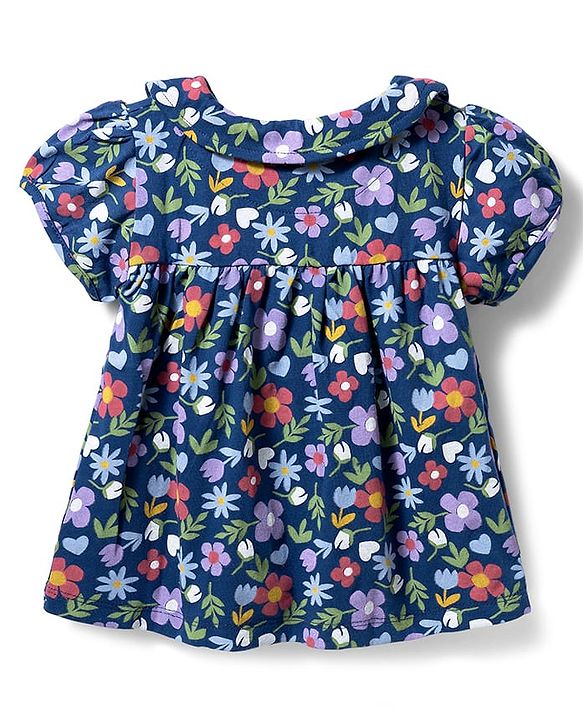 Babyhug Cotton Knit Half Sleeves Floral Printed Co-Ord Top & Pyjama Night Suit - Navy Blue