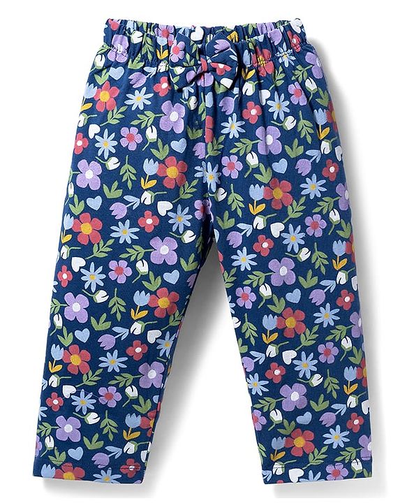 Babyhug Cotton Knit Half Sleeves Floral Printed Co-Ord Top & Pyjama Night Suit - Navy Blue