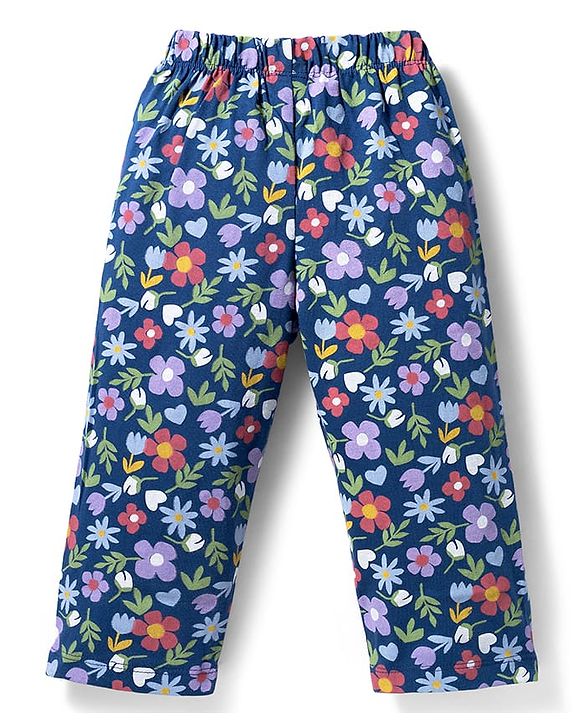 Babyhug Cotton Knit Half Sleeves Floral Printed Co-Ord Top & Pyjama Night Suit - Navy Blue