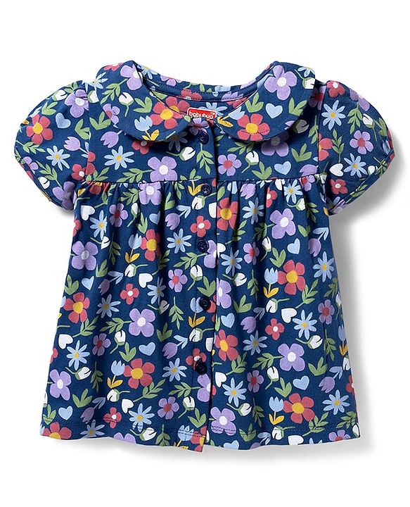 Babyhug Cotton Knit Half Sleeves Floral Printed Co-Ord Top & Pyjama Night Suit - Navy Blue