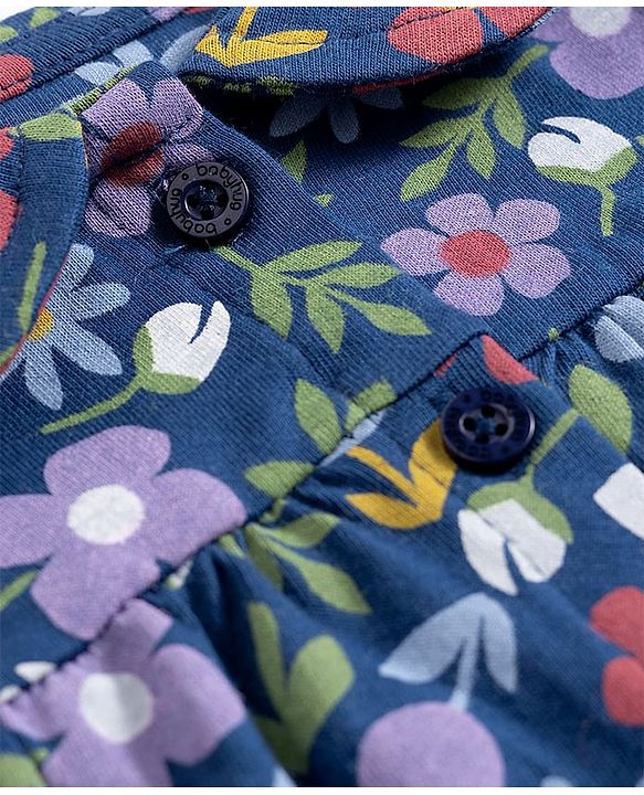 Babyhug Cotton Knit Half Sleeves Floral Printed Co-Ord Top & Pyjama Night Suit - Navy Blue
