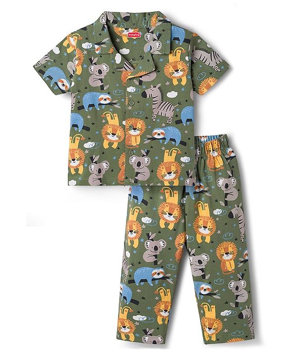 Babyhug Cotton Knit Half Sleeves Shirt & Pyjama Co-ord Night Suit with Animal Print - Green