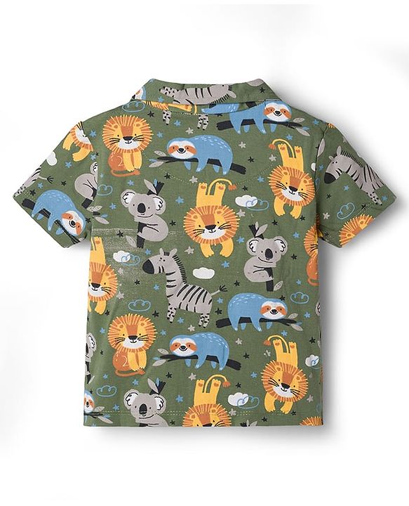 Babyhug Cotton Knit Half Sleeves Shirt & Pyjama Co-ord Night Suit with Animal Print - Green
