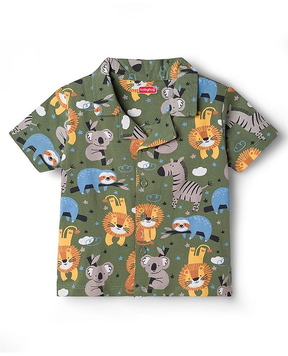 Babyhug Cotton Knit Half Sleeves Shirt & Pyjama Co-ord Night Suit with Animal Print - Green