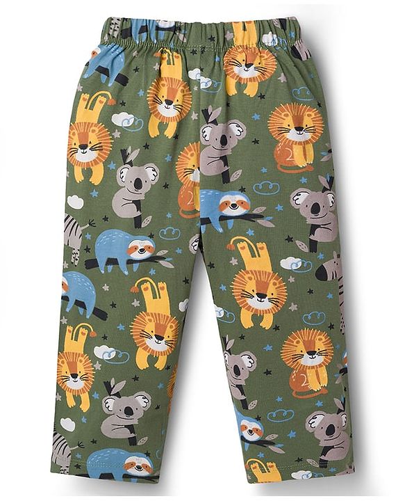 Babyhug Cotton Knit Half Sleeves Shirt & Pyjama Co-ord Night Suit with Animal Print - Green