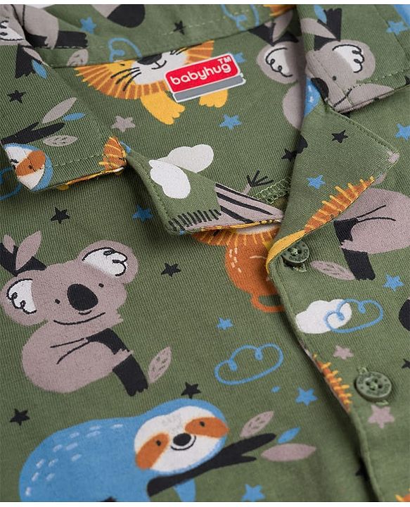 Babyhug Cotton Knit Half Sleeves Shirt & Pyjama Co-ord Night Suit with Animal Print - Green