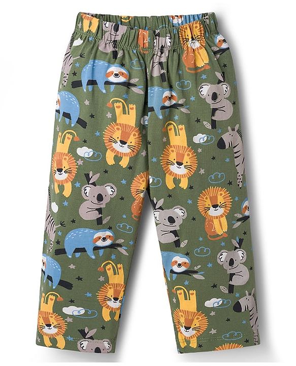Babyhug Cotton Knit Half Sleeves Shirt & Pyjama Co-ord Night Suit with Animal Print - Green
