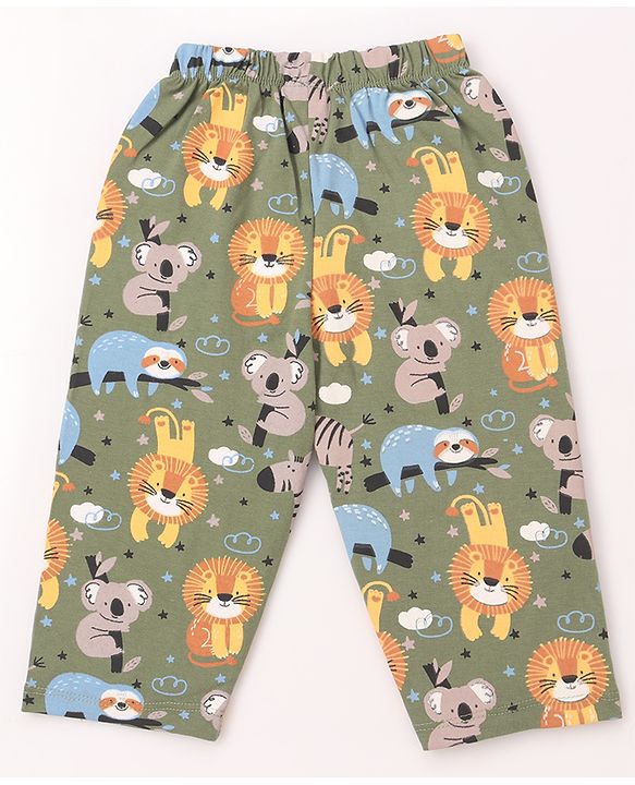 Babyhug Cotton Knit Half Sleeves Shirt & Pyjama Co-ord Night Suit with Animal Print - Green