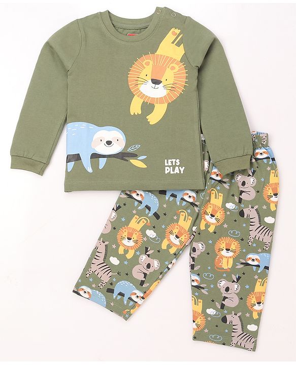 Babyhug Cotton Knit Half Sleeves Shirt & Pyjama Co-ord Night Suit with Animal Print - Green