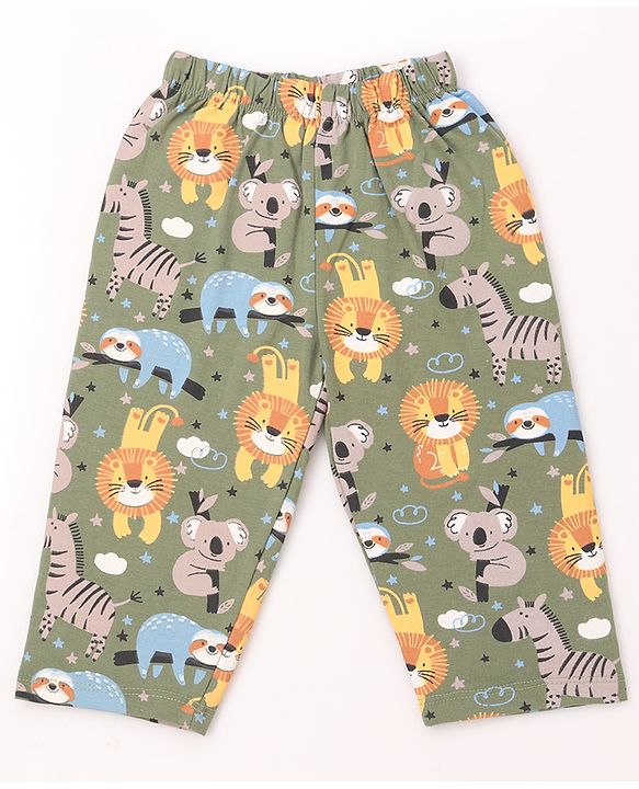 Babyhug Cotton Knit Half Sleeves Shirt & Pyjama Co-ord Night Suit with Animal Print - Green