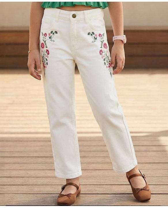 Pine Kids Denim Woven Full Length Floral Embroidered Jeans - White