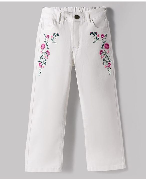 Pine Kids Denim Woven Full Length Floral Embroidered Jeans - White