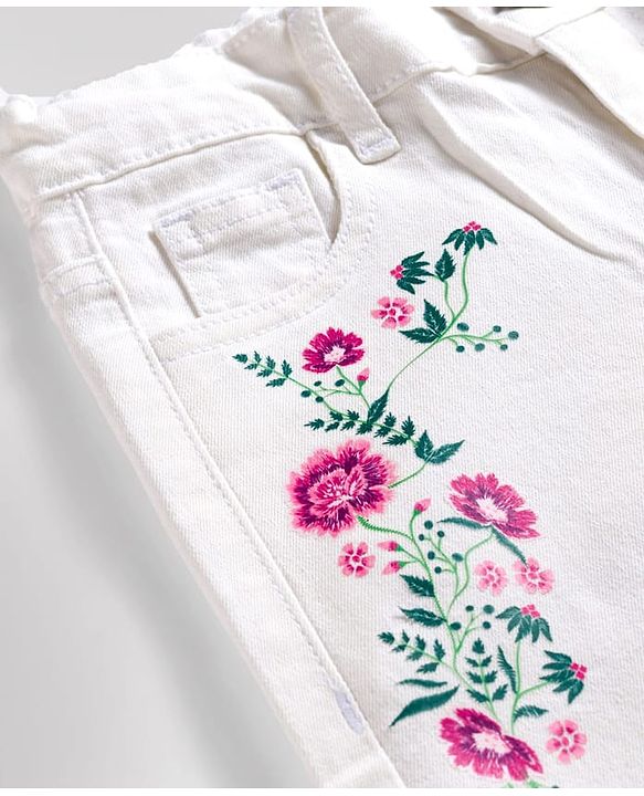 Pine Kids Denim Woven Full Length Floral Embroidered Jeans - White
