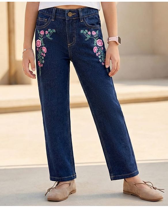 Pine Kids Denim Woven Full Length Floral Embroidered Jeans - White