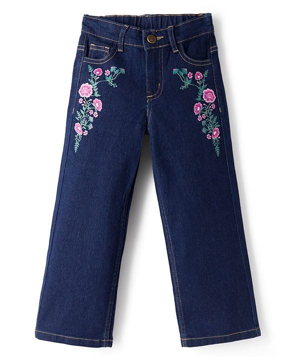 Pine Kids Denim Woven Full Length Floral Embroidered Jeans - White