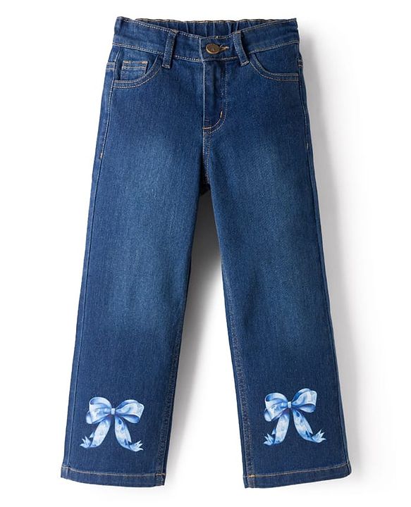 Pine Kids Denim Woven Full Length Bow Printed Jeans - Navy Blue