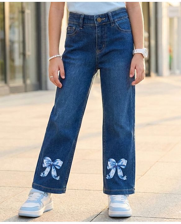Pine Kids Denim Woven Full Length Bow Printed Jeans - Navy Blue