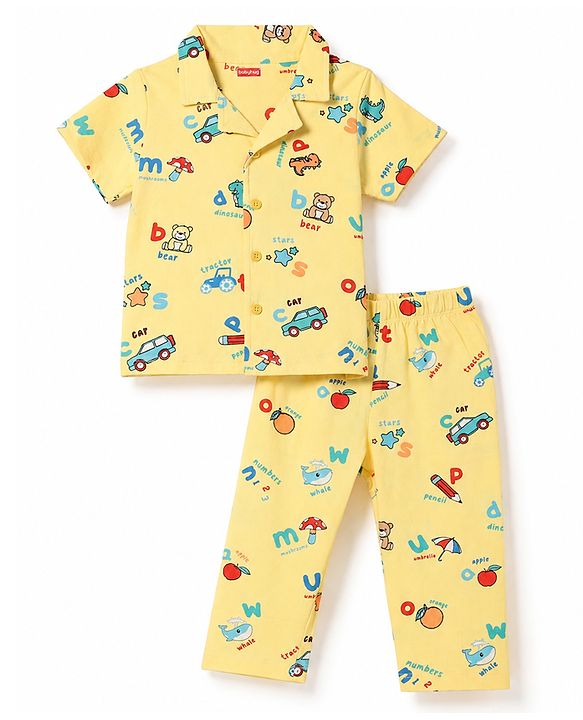 Babyhug 100% Cotton Knit Half Sleeves Animal Printed Co-Ords Shirt & Pyjama Night Suit - Yellow