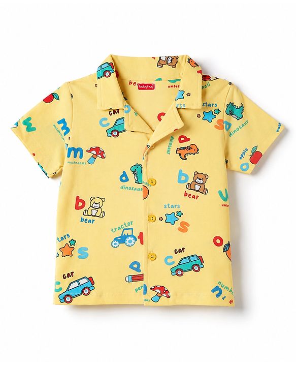 Babyhug 100% Cotton Knit Half Sleeves Animal Printed Co-Ords Shirt & Pyjama Night Suit - Yellow