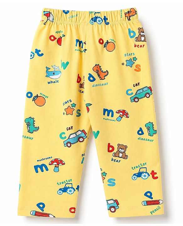 Babyhug 100% Cotton Knit Half Sleeves Animal Printed Co-Ords Shirt & Pyjama Night Suit - Yellow