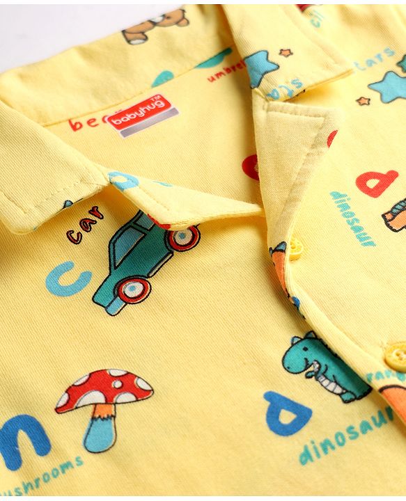 Babyhug 100% Cotton Knit Half Sleeves Animal Printed Co-Ords Shirt & Pyjama Night Suit - Yellow