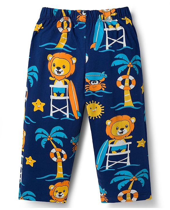 Babyhug Cotton Knit Full Sleeves Shirt & Pyjama Co-ord Night Suit with Beach Theme Print - Navy Blue