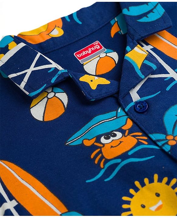 Babyhug Cotton Knit Full Sleeves Shirt & Pyjama Co-ord Night Suit with Beach Theme Print - Navy Blue