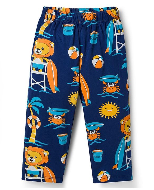 Babyhug Cotton Knit Full Sleeves Shirt & Pyjama Co-ord Night Suit with Beach Theme Print - Navy Blue