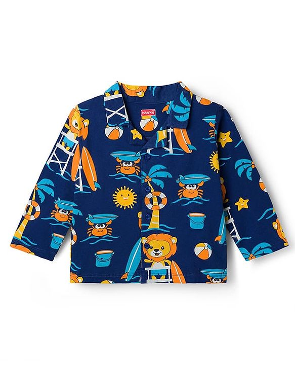 Babyhug Cotton Knit Full Sleeves Shirt & Pyjama Co-ord Night Suit with Beach Theme Print - Navy Blue