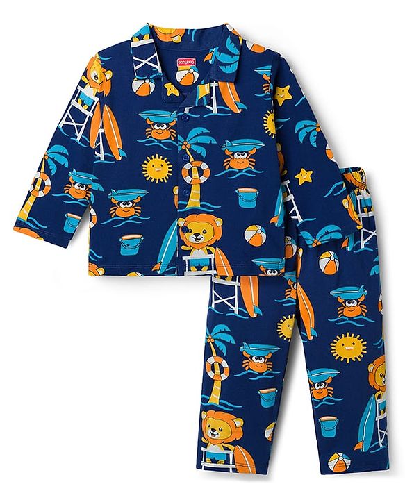 Babyhug Cotton Knit Full Sleeves Shirt & Pyjama Co-ord Night Suit with Beach Theme Print - Navy Blue