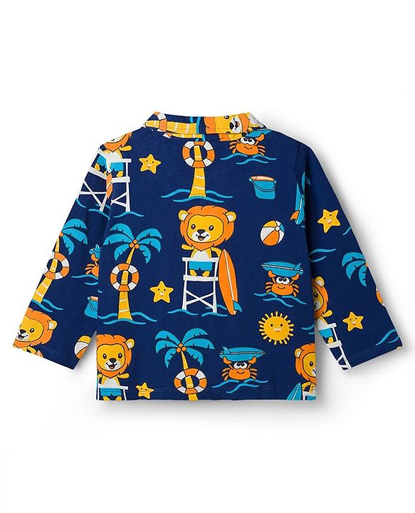Babyhug Cotton Knit Full Sleeves Shirt & Pyjama Co-ord Night Suit with Beach Theme Print - Navy Blue