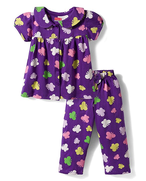 Babyhug Cotton Knit Half Sleeves Butterfly Printed Co-Ords Top & Pyjama Night Suit - Purple