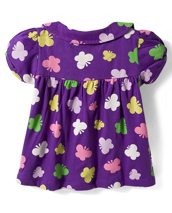 Babyhug Cotton Knit Half Sleeves Butterfly Printed Co-Ords Top & Pyjama Night Suit - Purple