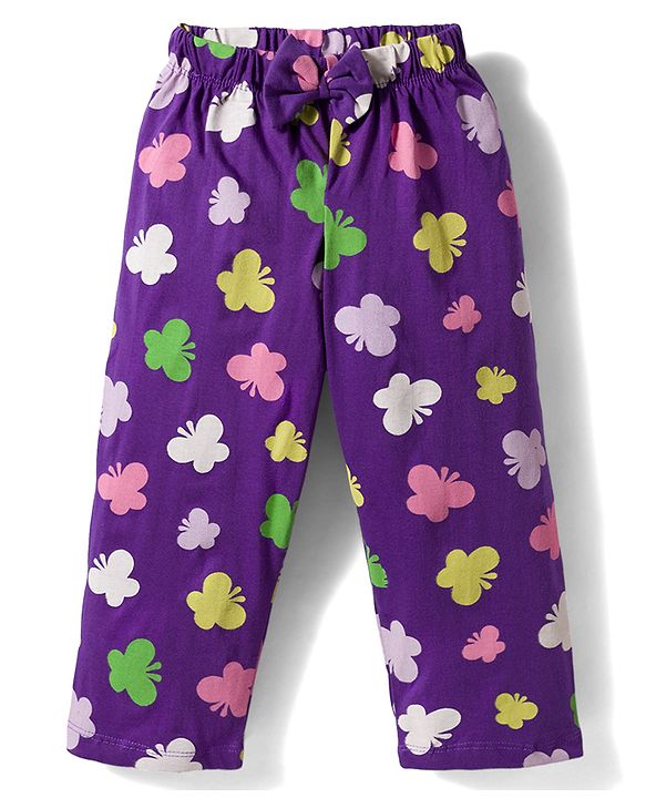 Babyhug Cotton Knit Half Sleeves Butterfly Printed Co-Ords Top & Pyjama Night Suit - Purple