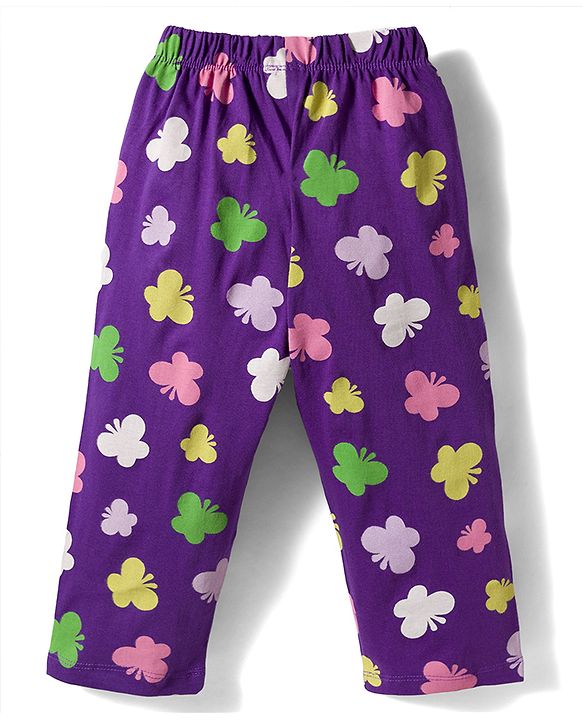 Babyhug Cotton Knit Half Sleeves Butterfly Printed Co-Ords Top & Pyjama Night Suit - Purple