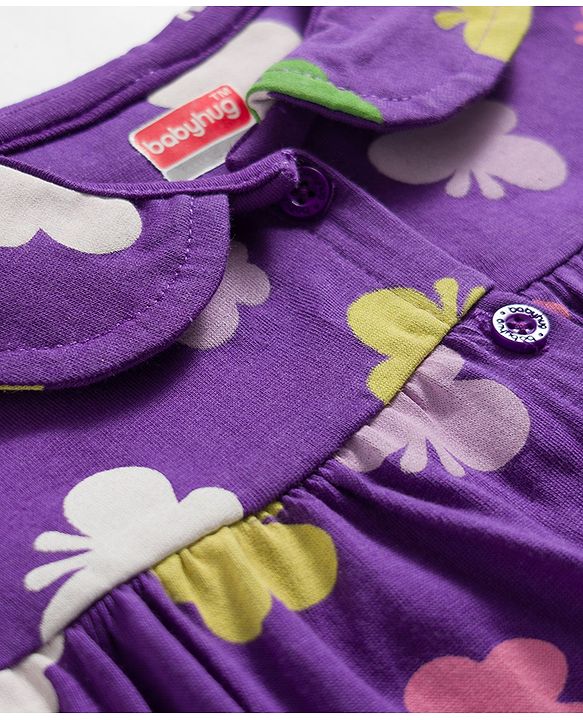 Babyhug Cotton Knit Half Sleeves Butterfly Printed Co-Ords Top & Pyjama Night Suit - Purple