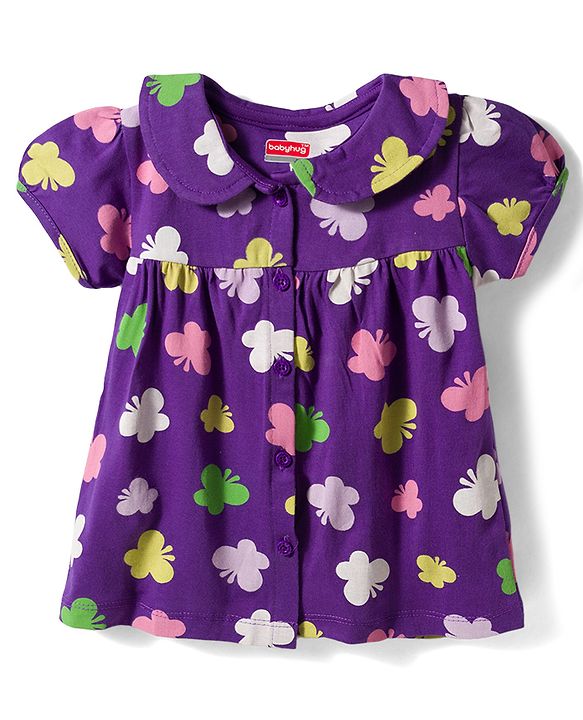 Babyhug Cotton Knit Half Sleeves Butterfly Printed Co-Ords Top & Pyjama Night Suit - Purple