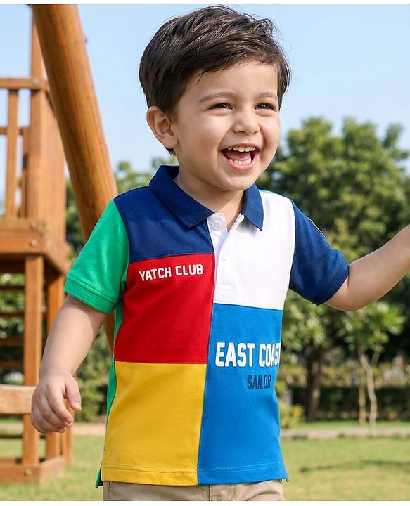 Babyhug Cotton Knit Half Sleeves Cut & Sew Polo T-Shirt with Text Graphics - Multicolour