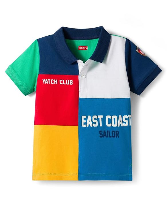 Babyhug Cotton Knit Half Sleeves Cut & Sew Polo T-Shirt with Text Graphics - Multicolour