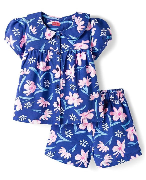 Babyhug Cotton Knit Half Sleeves Front Open Co-ords Top & Short Night Suit with Floral Print - Navy Blue