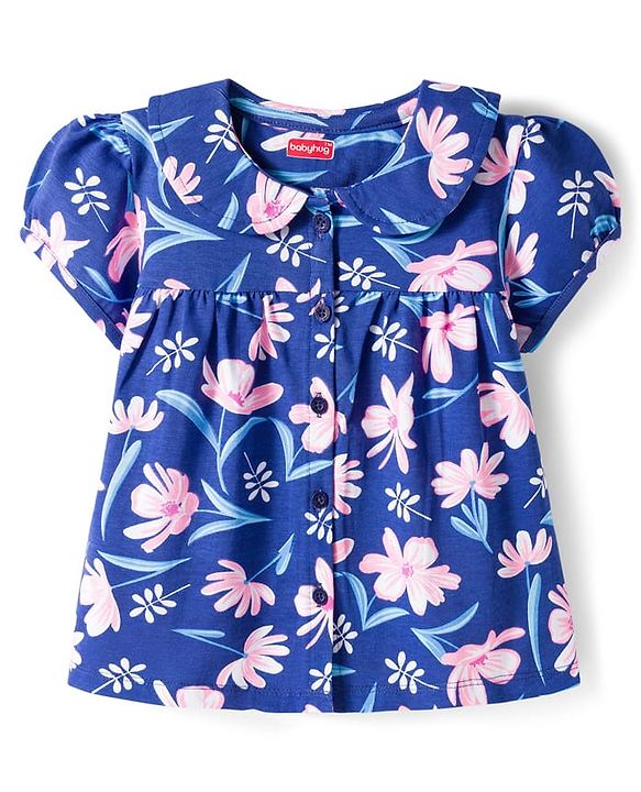 Babyhug Cotton Knit Half Sleeves Front Open Co-ords Top & Short Night Suit with Floral Print - Navy Blue