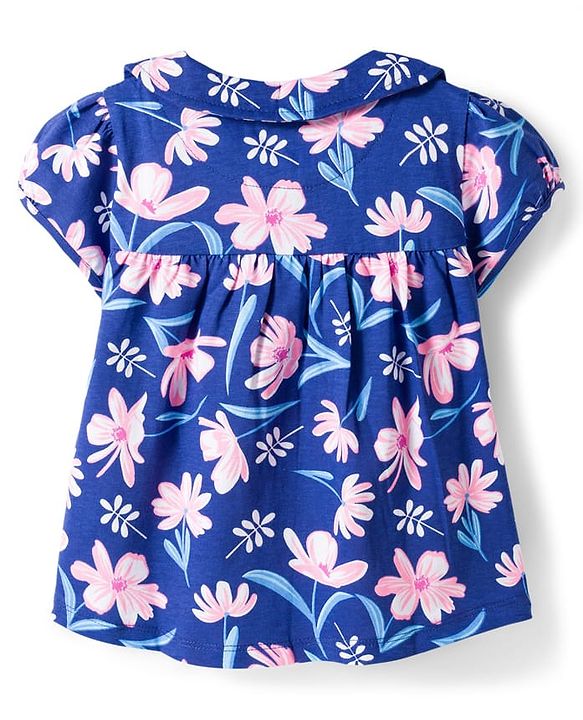 Babyhug Cotton Knit Half Sleeves Front Open Co-ords Top & Short Night Suit with Floral Print - Navy Blue
