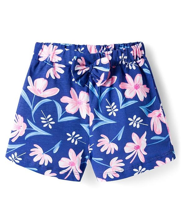 Babyhug Cotton Knit Half Sleeves Front Open Co-ords Top & Short Night Suit with Floral Print - Navy Blue