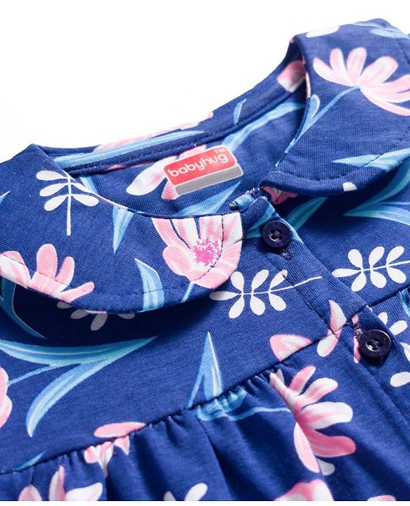 Babyhug Cotton Knit Half Sleeves Front Open Co-ords Top & Short Night Suit with Floral Print - Navy Blue