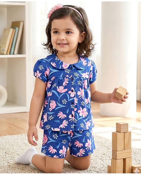 Babyhug Cotton Knit Half Sleeves Front Open Co-ords Top & Short Night Suit with Floral Print - Navy Blue