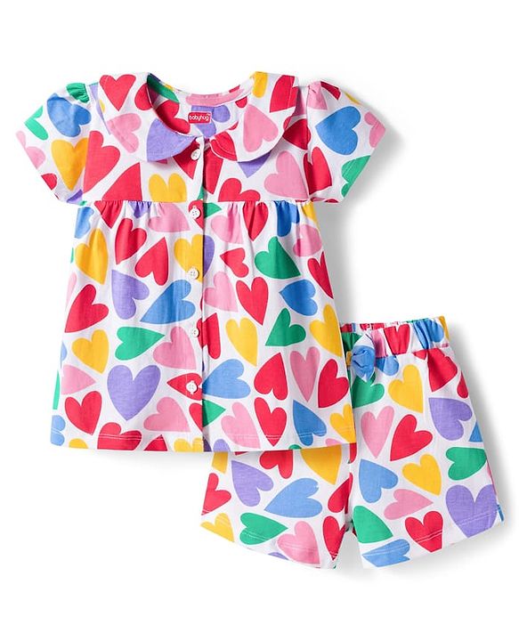 Babyhug Cotton Knit Half Sleeves Front Open Co-ords Top & Short Night Suit with Heart Print - Multicolor
