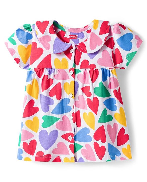 Babyhug Cotton Knit Half Sleeves Front Open Co-ords Top & Short Night Suit with Heart Print - Multicolor